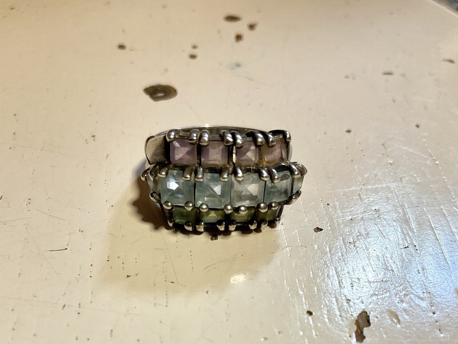 Vintage Multicolor 14 Stones Sterling Silver Ring Size 6.5 Green Purple Blue 925