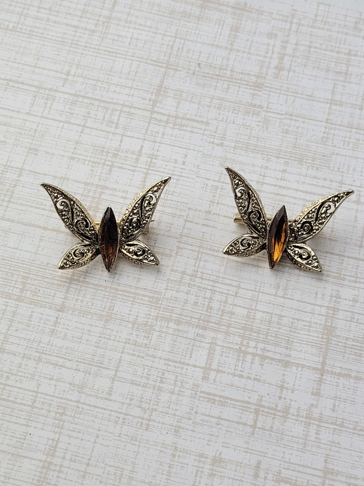 2 Small Gold Tone Butterfly Scatter Pins With Amber Brown Rhinestones 1″