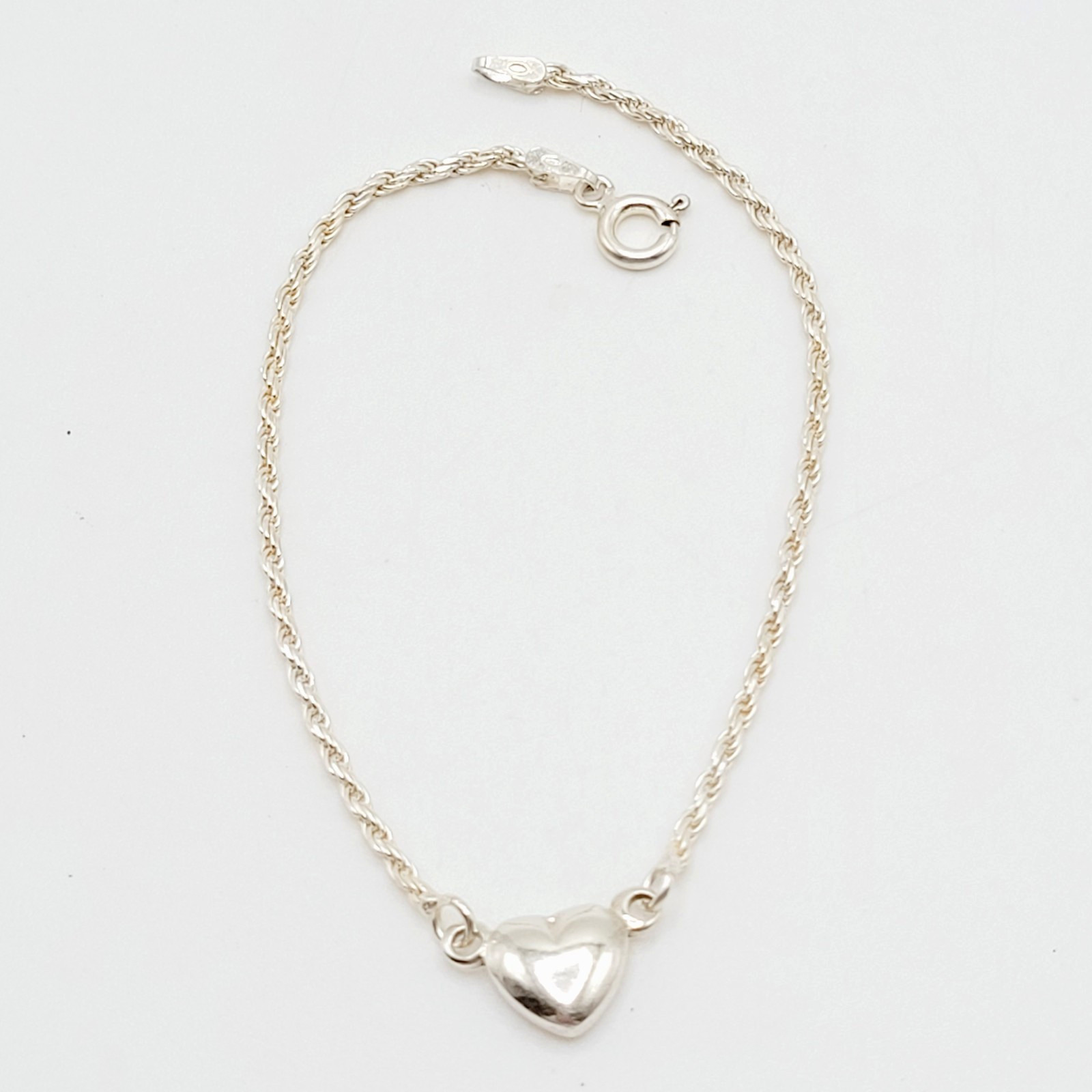 Minimalist Dainty Puffed Heart Station 925 Sterling Rope Chain Bracelet 7.25 in