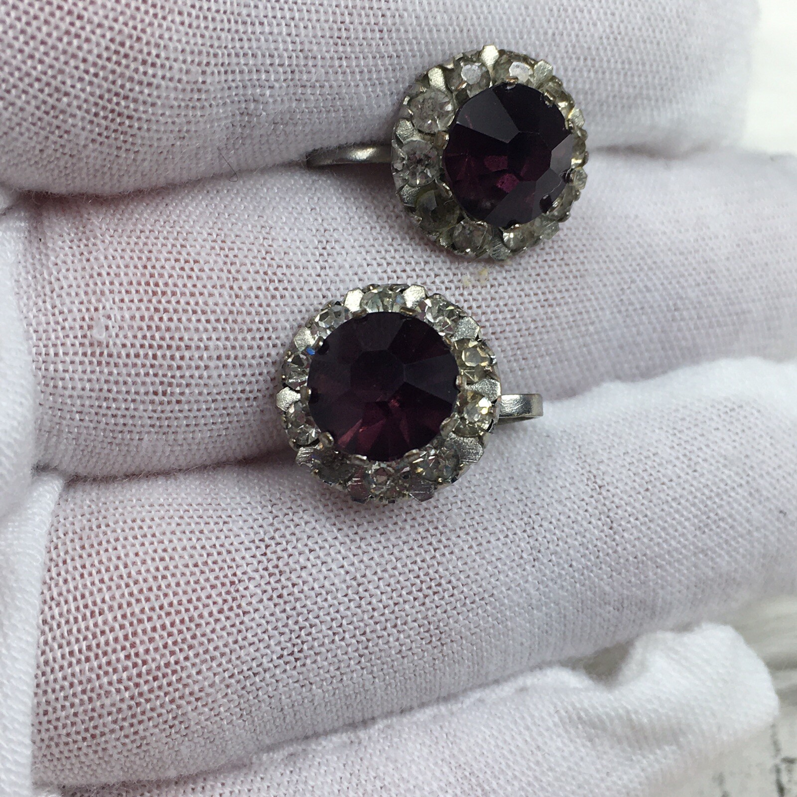 Vintage Purple & Clear Glass Rhinestone Screw Back Earrings