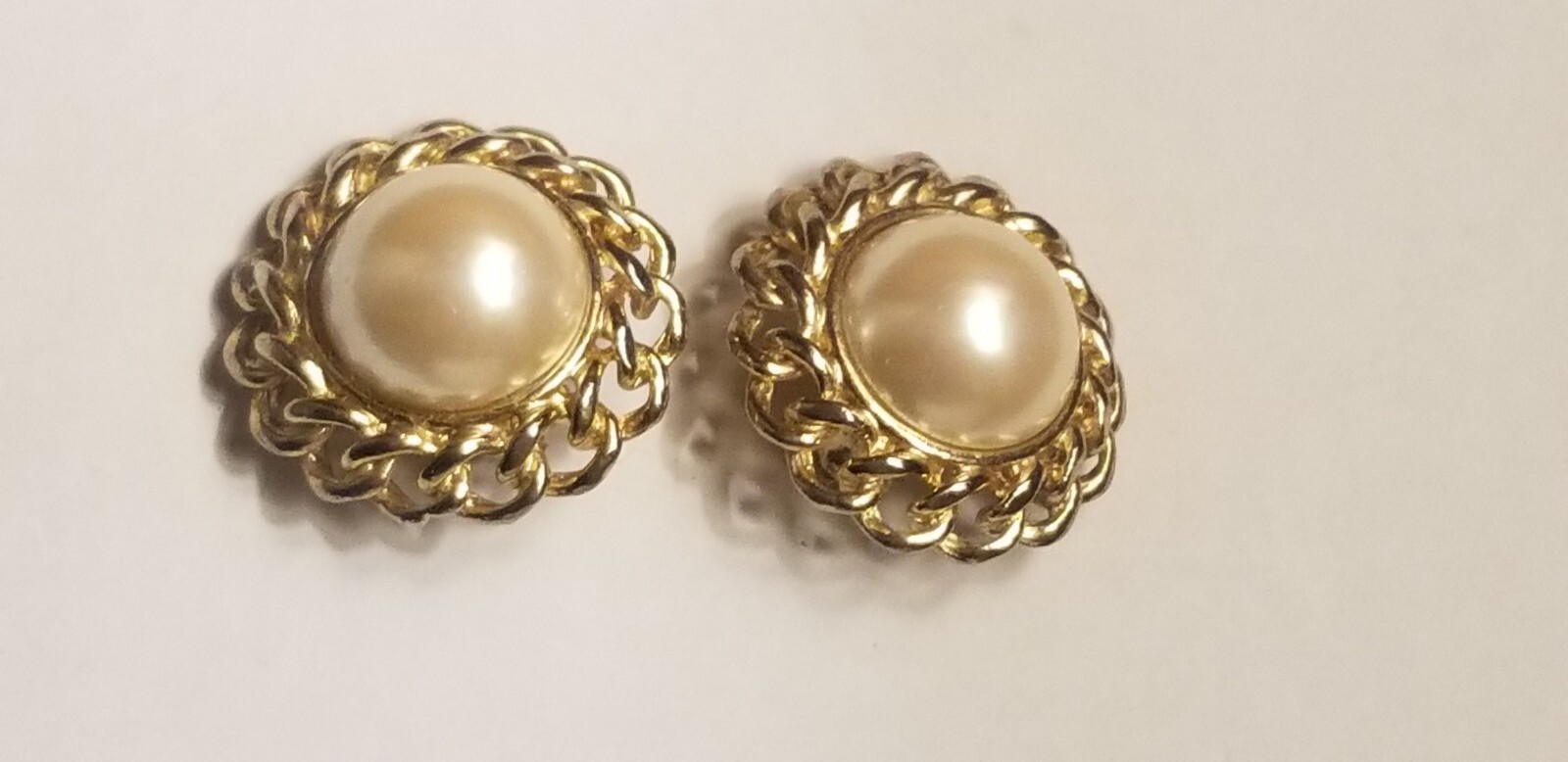 Vintage pair GAY BOYER PEARL GOLD TONE LARGE CLIP ON EARRINGS signed