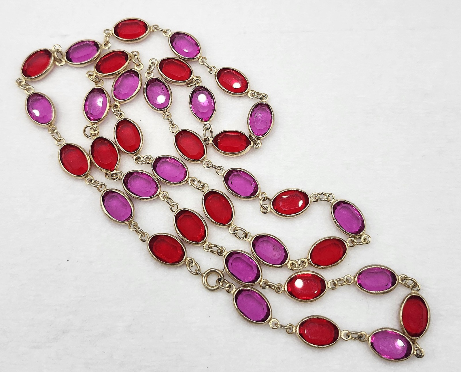 Vintage Bezel Set Oval Fuchsia Pink & Red Crystal Opera Length Necklace 29″ Long