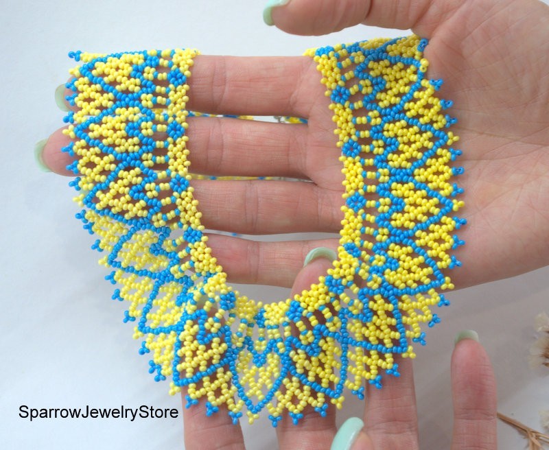 Blue yellow seed bead choker Czech glass bohemian necklace Ukrainian sylianka