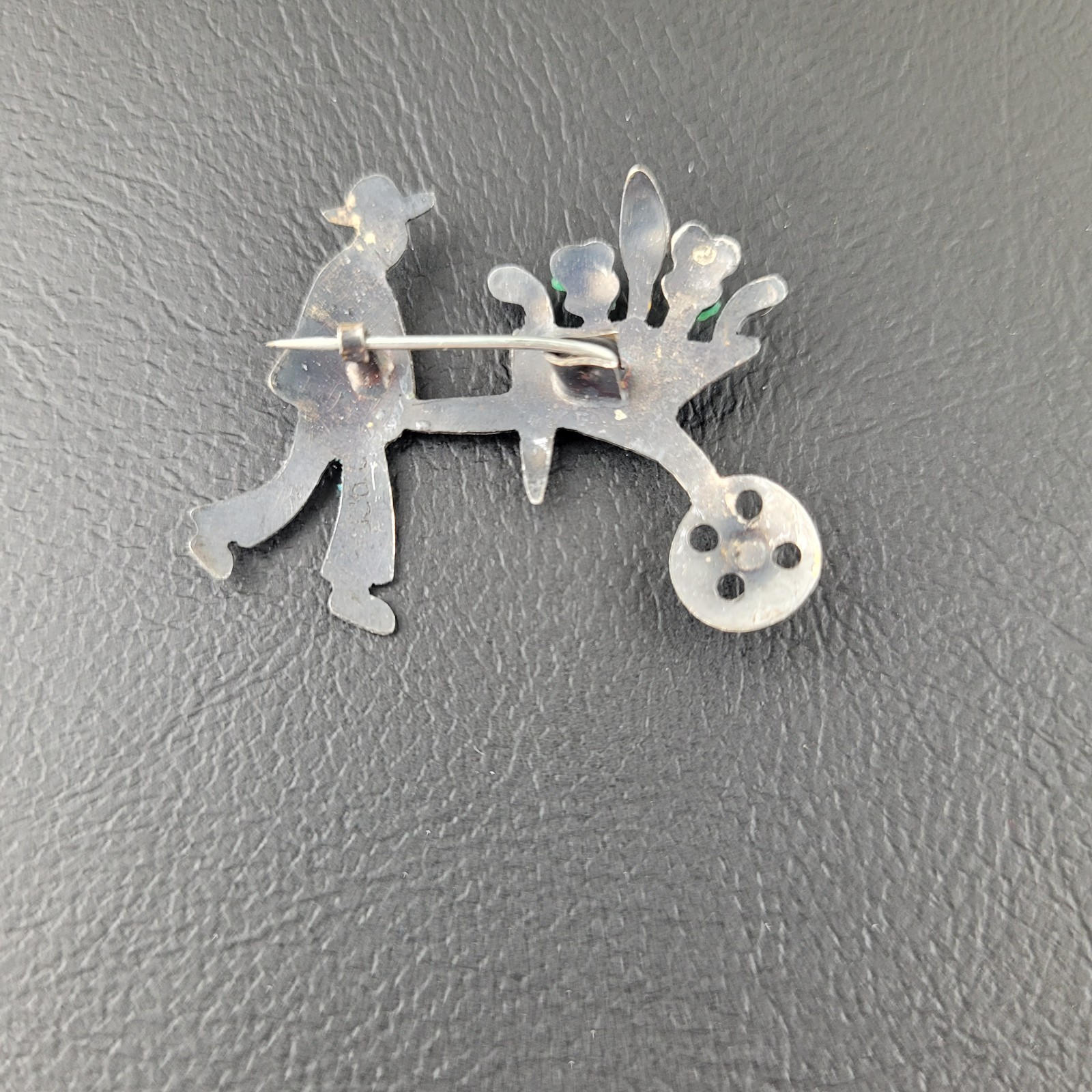 Vintage Man With Flower Cart Brooch Signed 980 Thin Silver Tarnished C Clasp