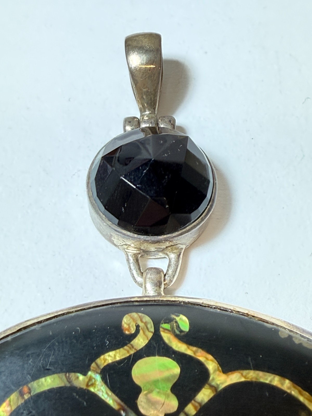 Mexican Sterling Silver Pendant Onyx and Abalone Inlay Large Vintage 38g