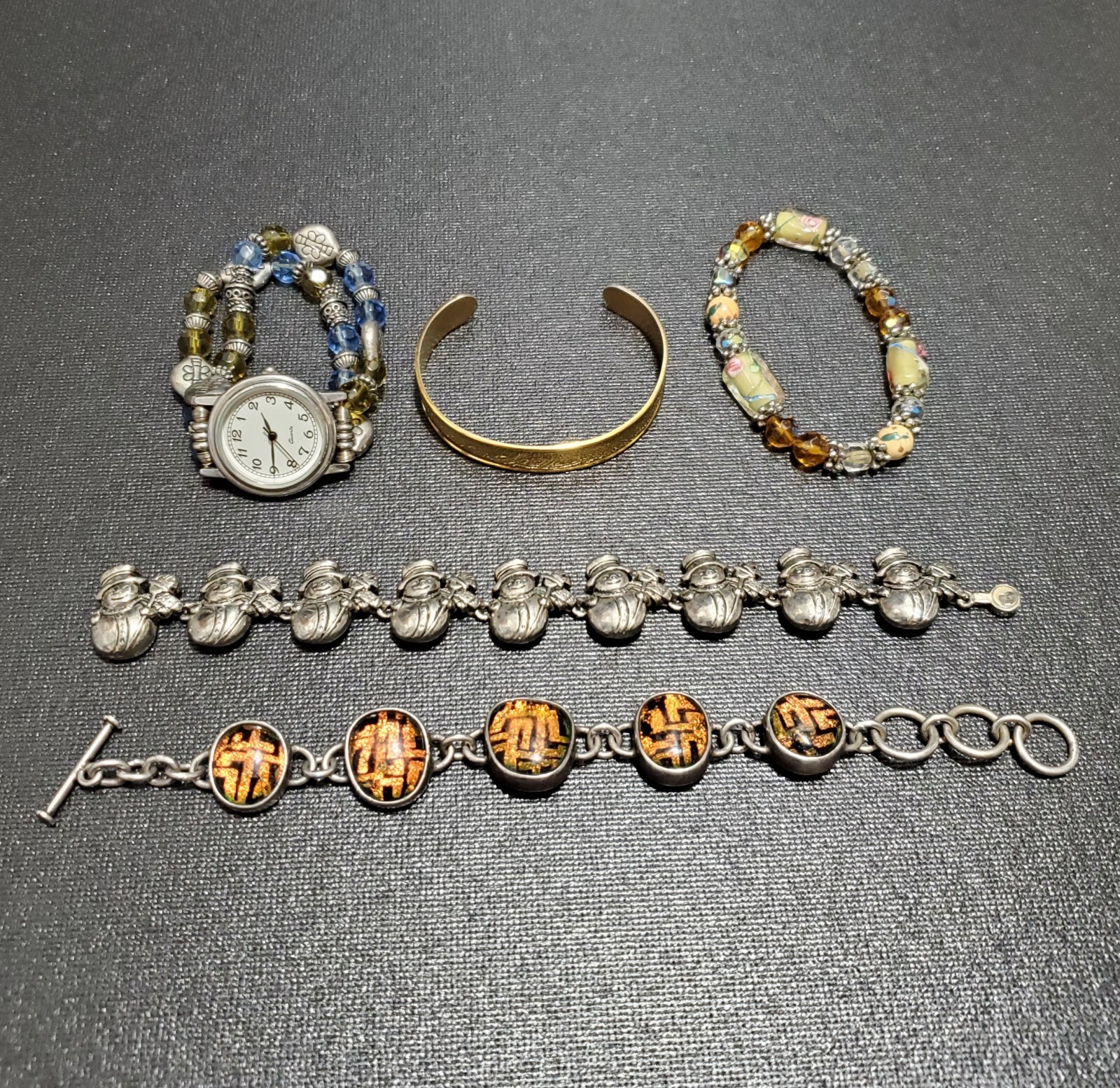 Vintage Bracelet Lot Of 5, Pewter Snowmen, Resin & Metal, Glass Bead Wristwatch