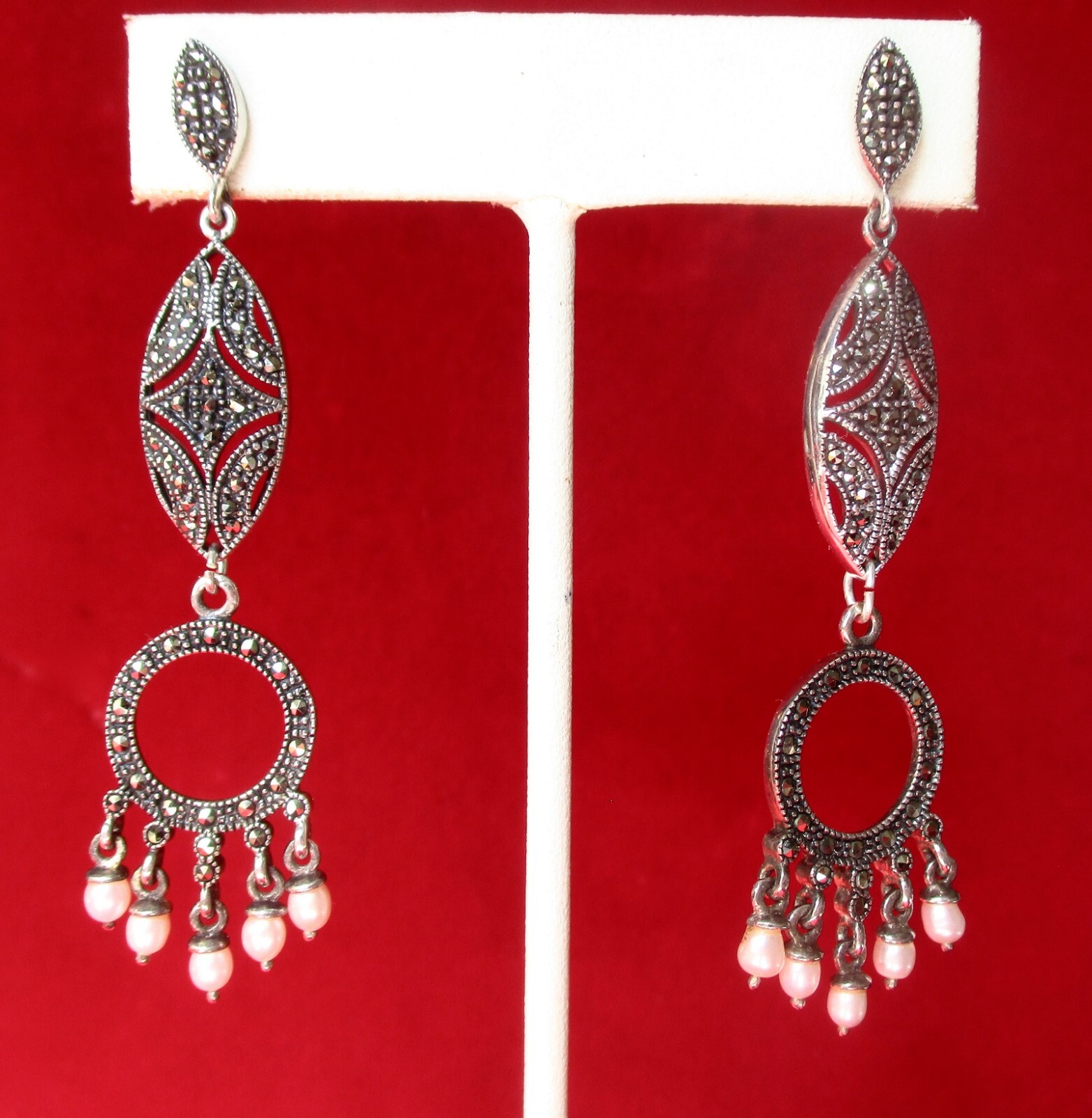 Pair of Vintage Sterling Silver & Marcasite Earrings With Pearls/Boho/Hippie/