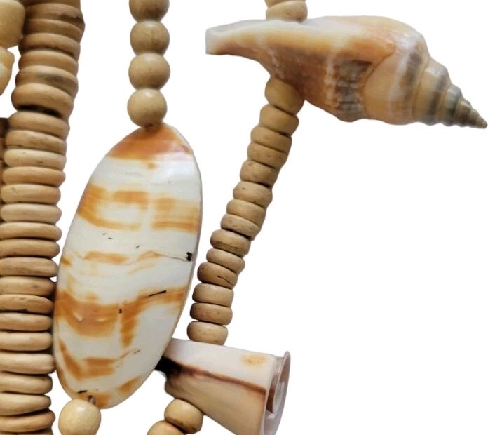 Sea Shell & Hand Carved Wood Bead Multi 7 Strand Necklace Unique Ocean Jewely