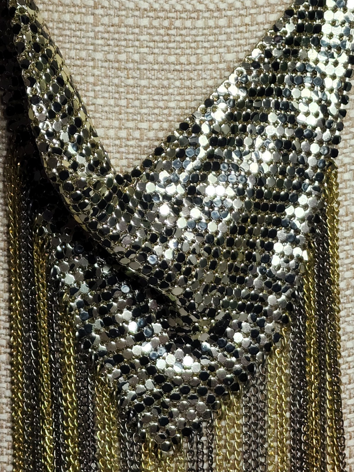 Vintage Gold tone Chainmail Fringe Leopard Statement Necklace 70s