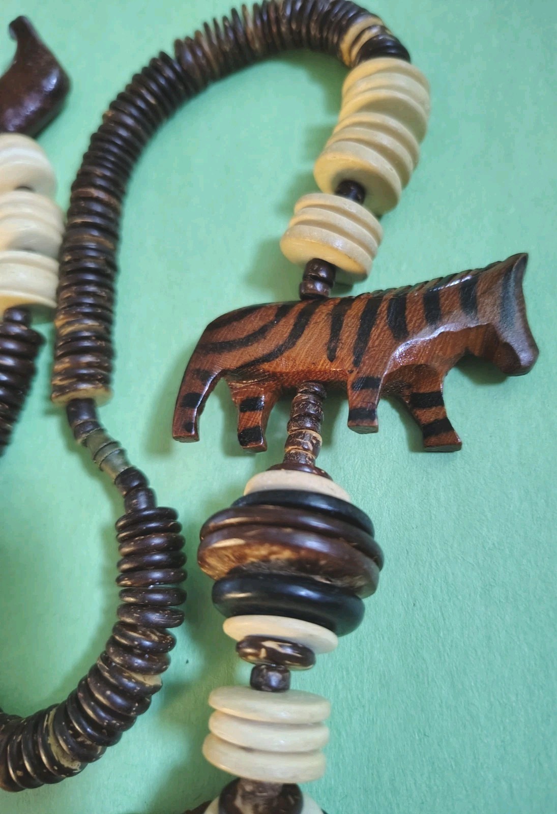 Vintage Large Wooden SAFARI ANIMALS & COCONUT SHELL Beaded Necklace