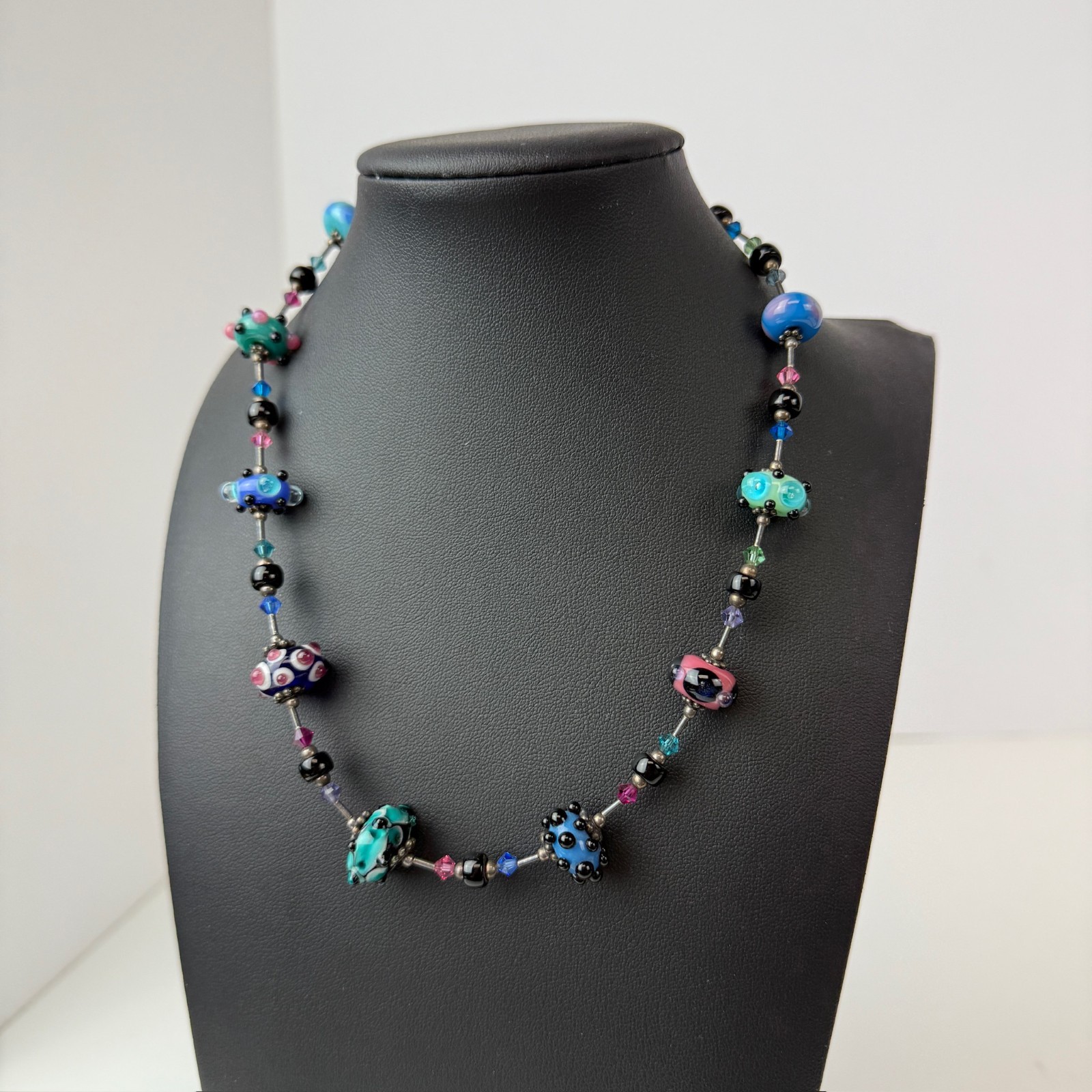 Vintage Art Lampwork Glass Swirl Beaded Necklace 925 Sterling Silver Polka Dot