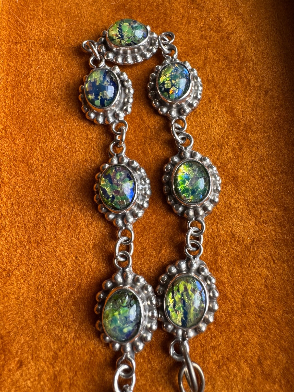 Peacock cabochon mexico sterling silver bracelet 7.25 in