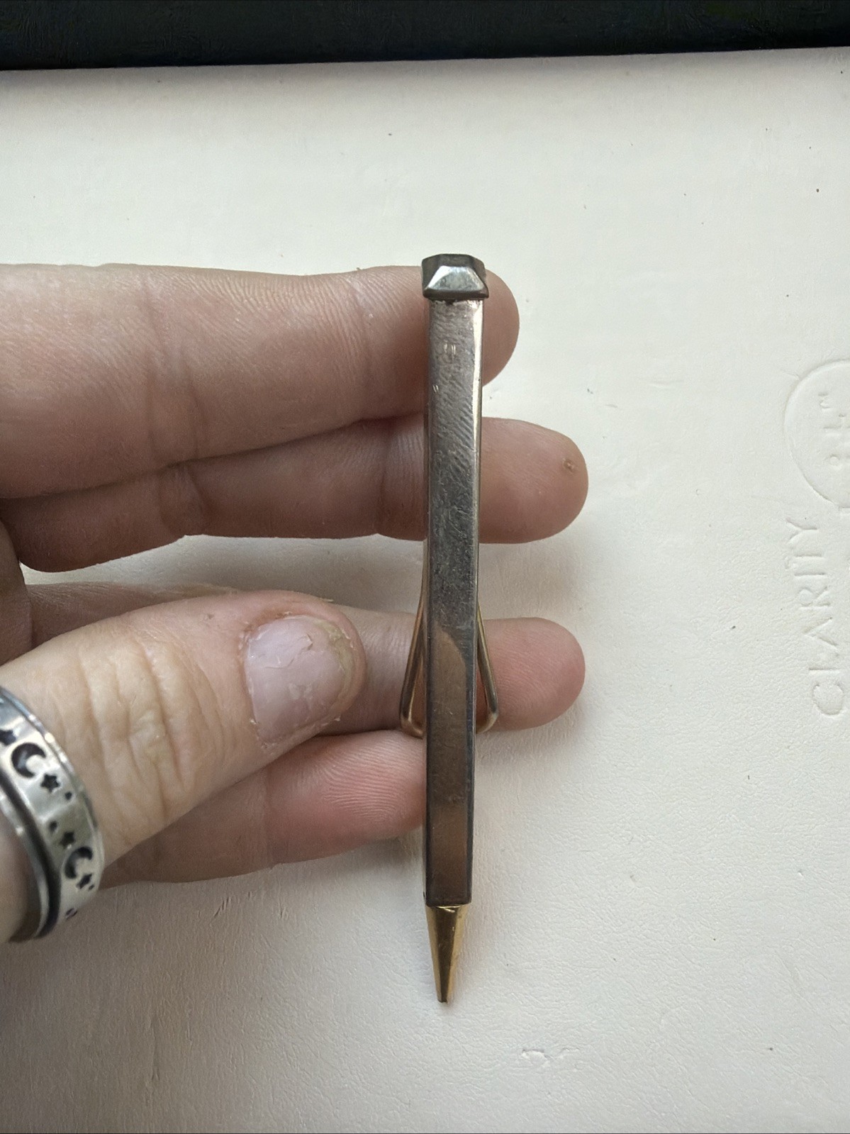 Vintage Dance Card Pencil Clip Brooch Pin gold color 1940s 1950s Tip Functional