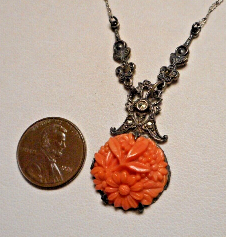 1920s Art Deco Czech? Faux Carved Coral Glass & Marcasite Pendant Necklace 16″