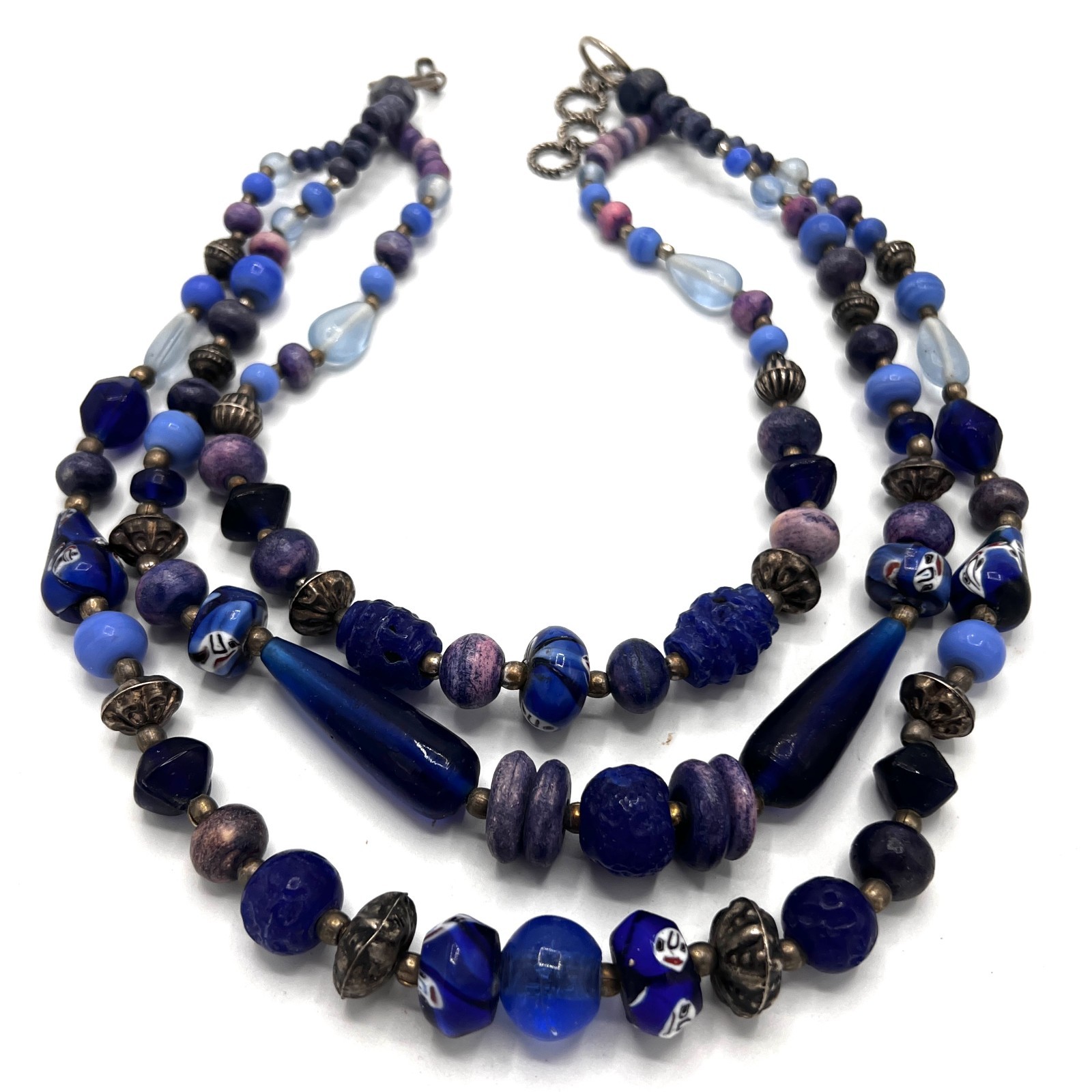 Three Strand Blue Purple Beaded Statement Necklace Artisan Boho Style 18″
