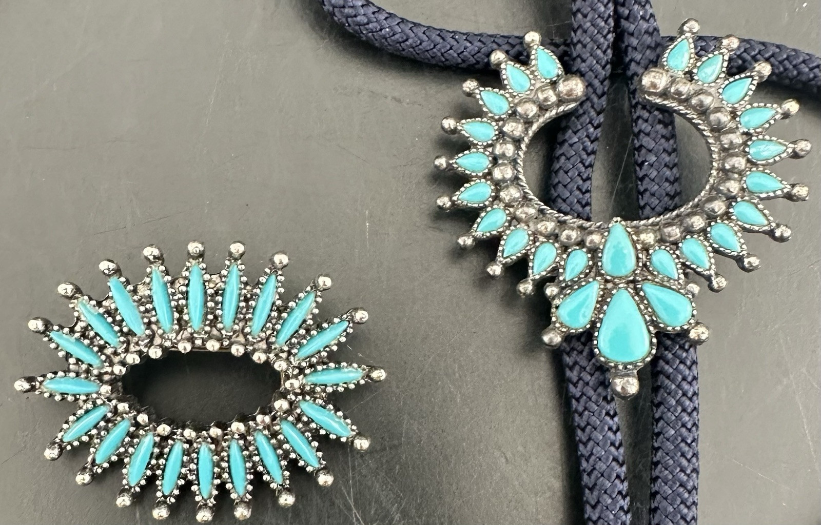 Vintage Faux Turquoise Silvertone Bolo Tie and Brooch Pin Southwestern Western