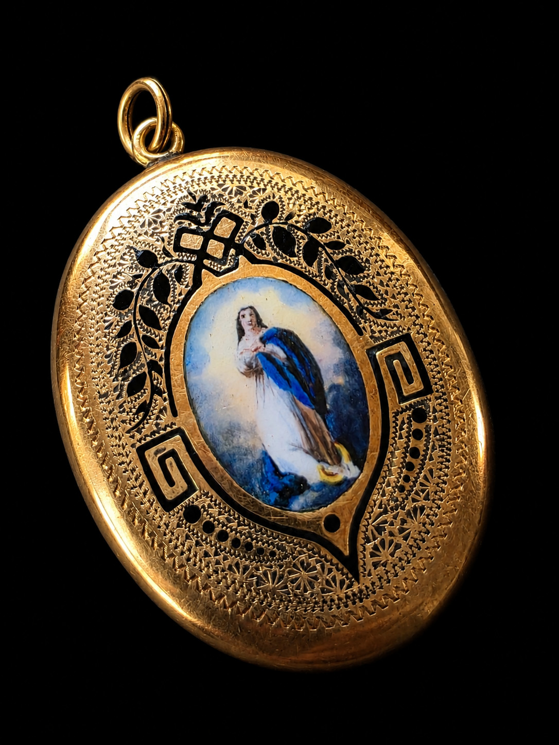 Antique Victorian 14K Gold Virgin Mary Enamel Locket Guilloche Religious Pendant