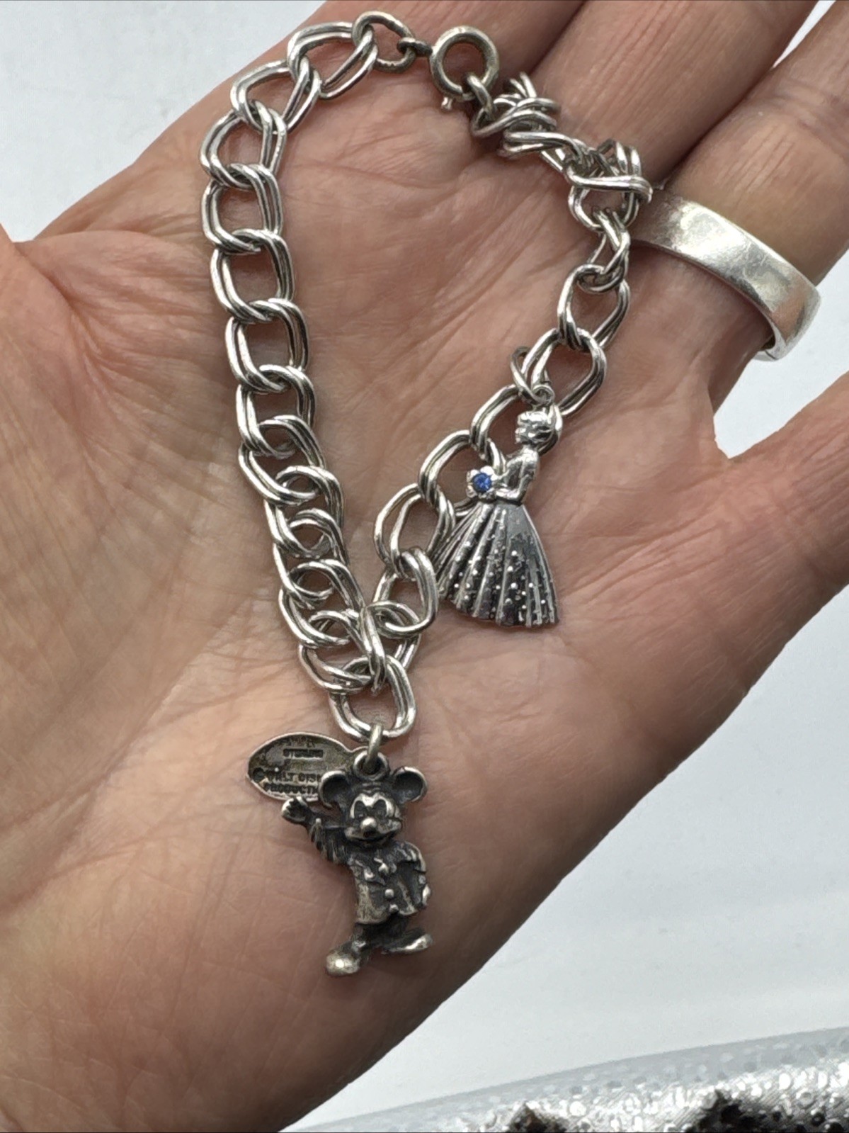 Vtg Sterling Silver 925 Double Link Chain Disney Micky Mouse Charm Bracelet 6.75