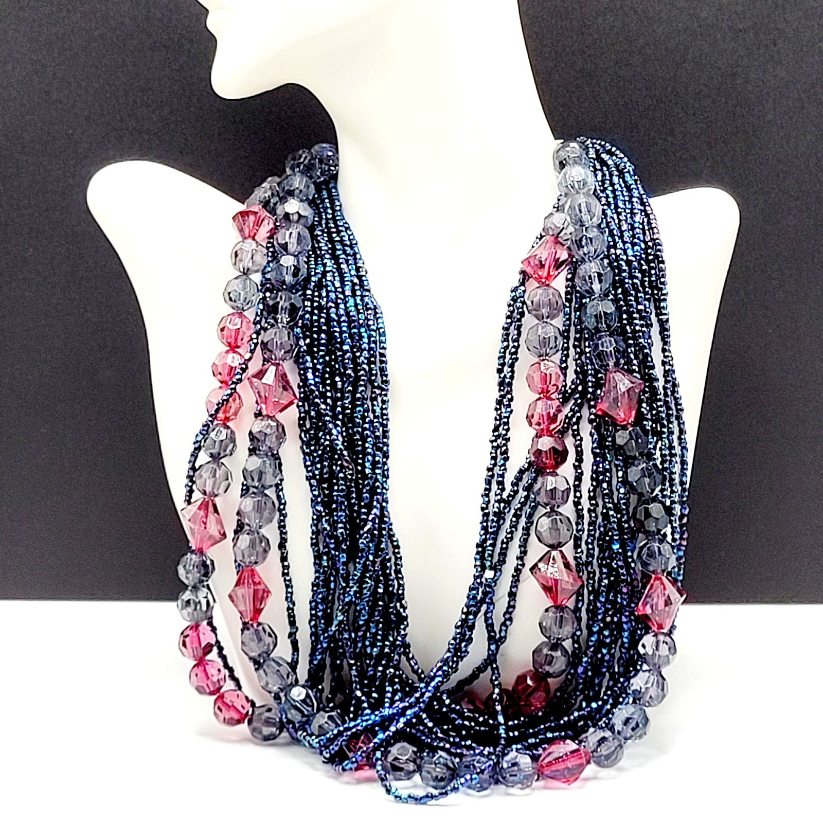 Purple and Deep Blue Iridescent Twist Multi Strand Glass Beaded Vintage Necklace