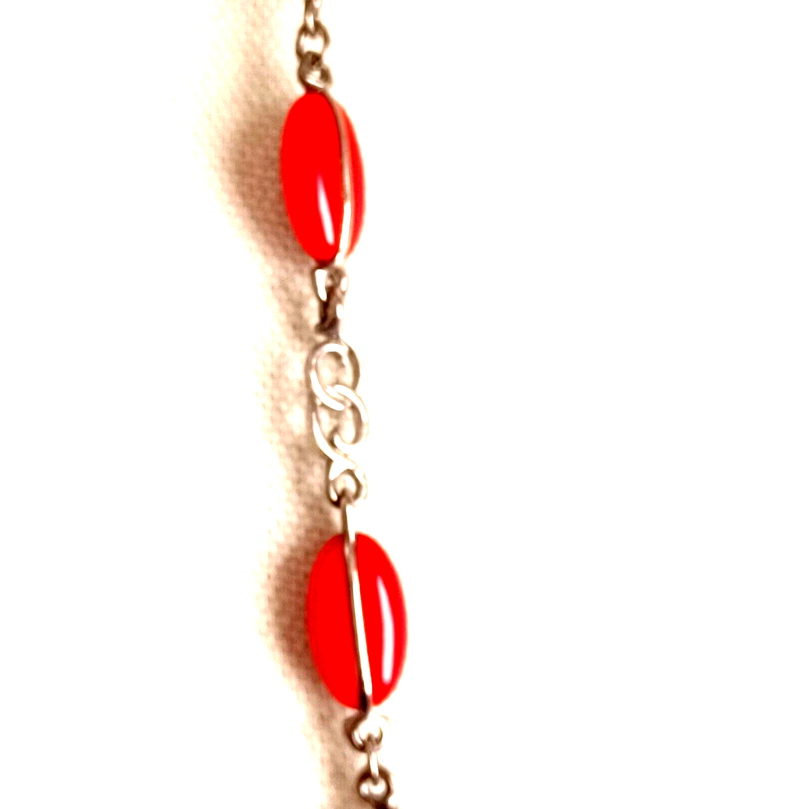 Necklace Station Red Oval Acrylic Accent Beads Silver Tone Chain Vintage 34″