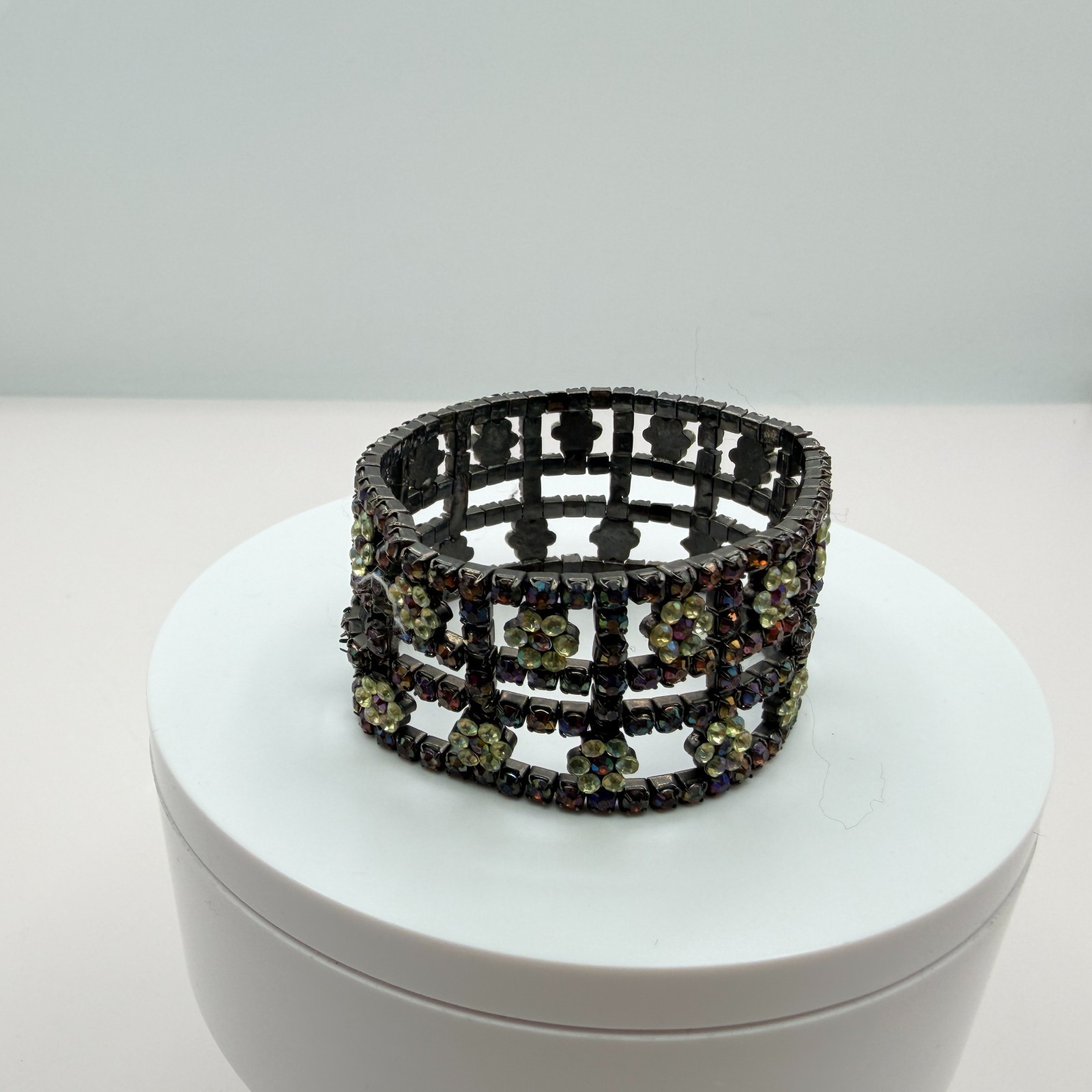 Vintage Gunmetal Rhinestone Cuff Bracelet Floral Grid Statement AB Y2K 90s Goth