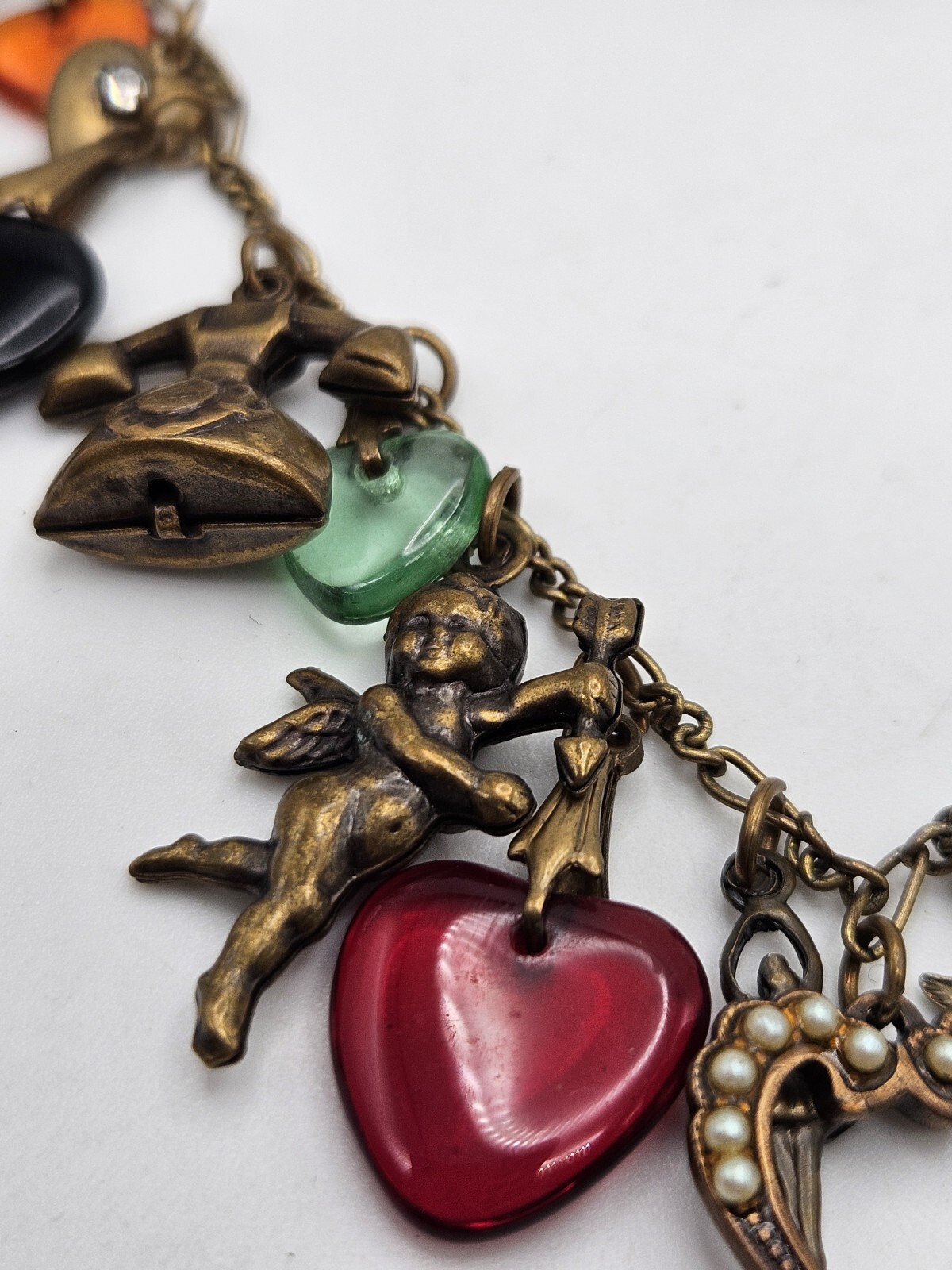 Glass Works Studio Brass Tone Multicolor Glass Dangle Hearts Charm Necklace