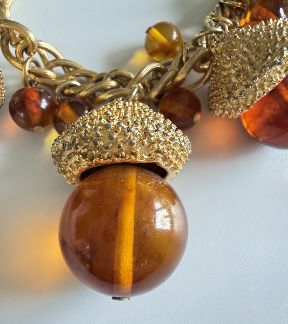 Vintage MCM Chunky Acorn Charm Bracelet Oversized Amber Glass Style Lucite Gold