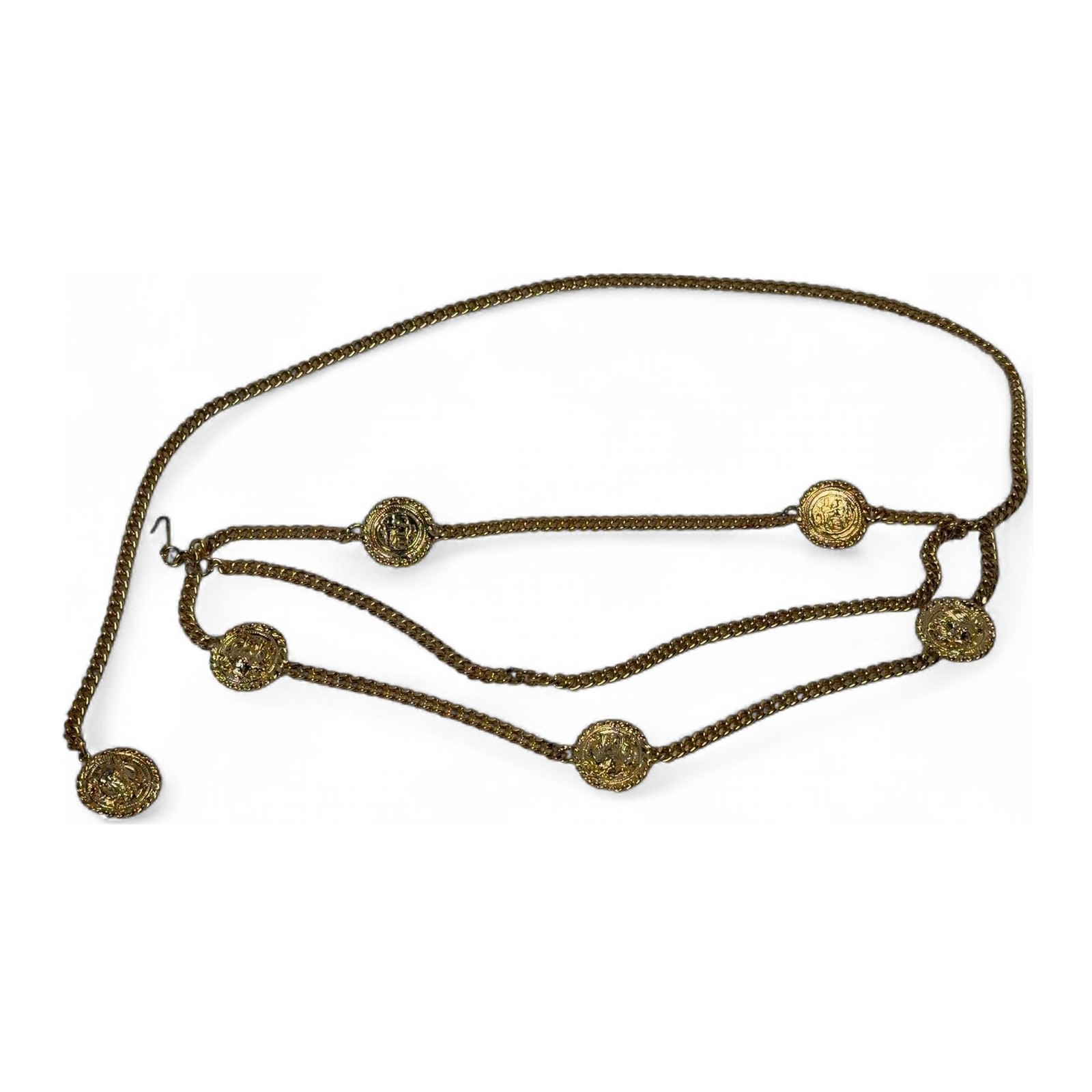 Vintage Egyptian Revival Art Nouveau Scarab Coin Chain Charm Link Belt 36inches