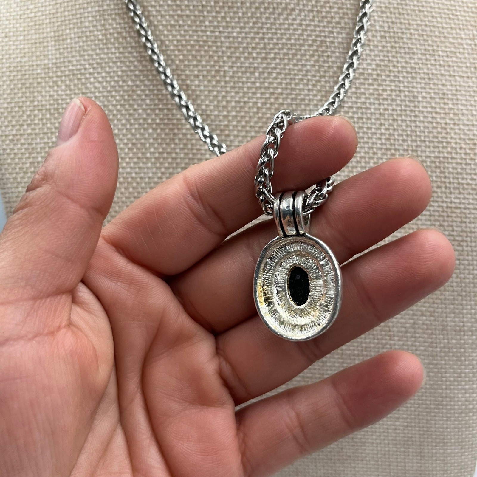 Vintage Silver Tone Wheat Chain Necklace Blue Glass Pendant Two-Tone Rope Accent