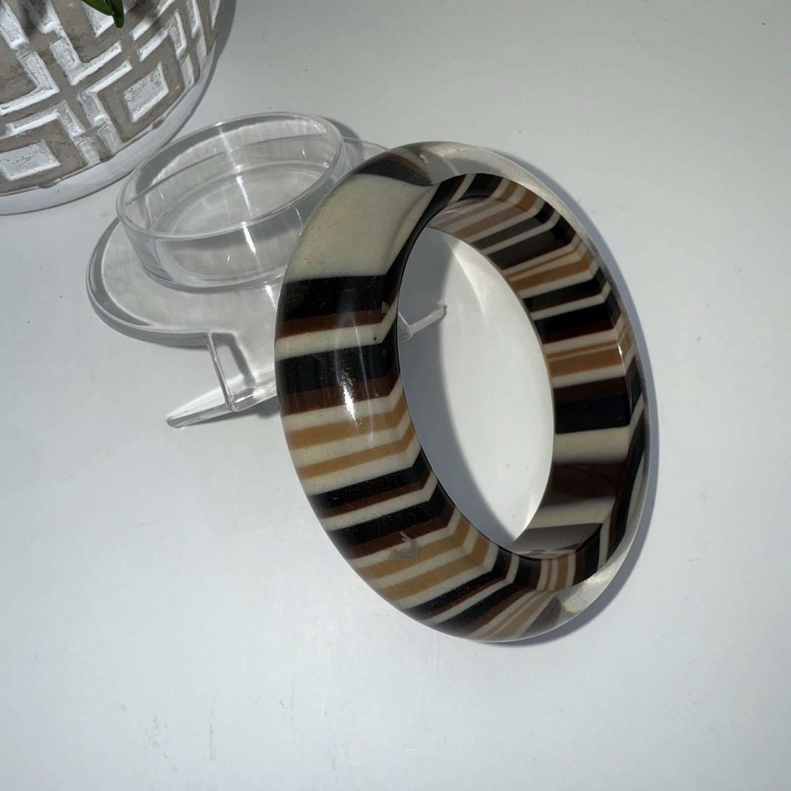 Vintage Wide Lucite Bangle Bracelet Brown Cream Black Striped 1980s Statement
