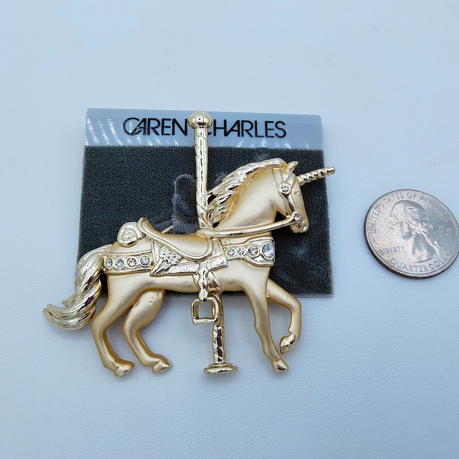 Vintage Caren Charles Unicorn Carousel Horse Brooch Gold Tone Rhinestone Fantasy