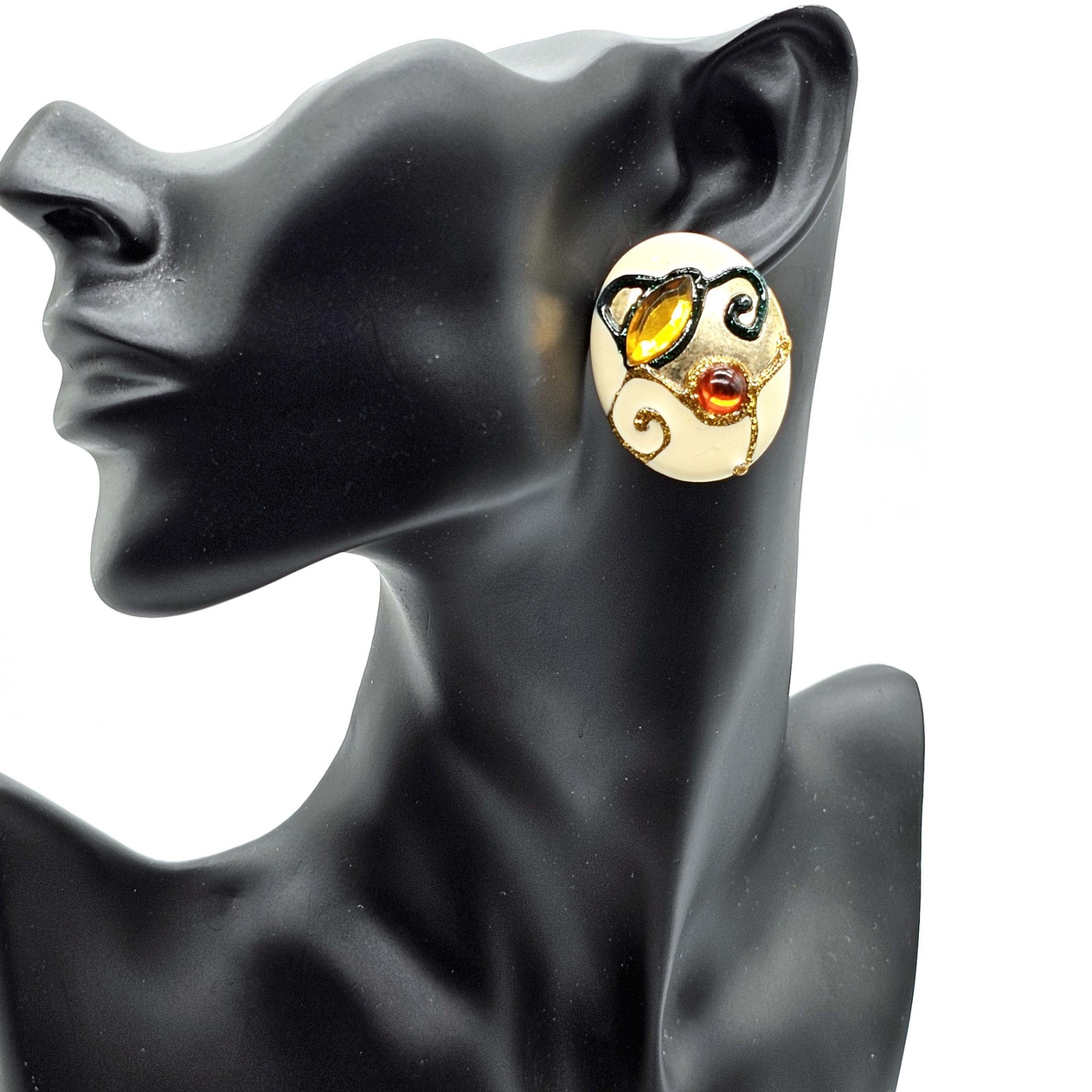 Vintage Statement Earrings – Abstract Enamel Swirl Design with Amber & Red Glass