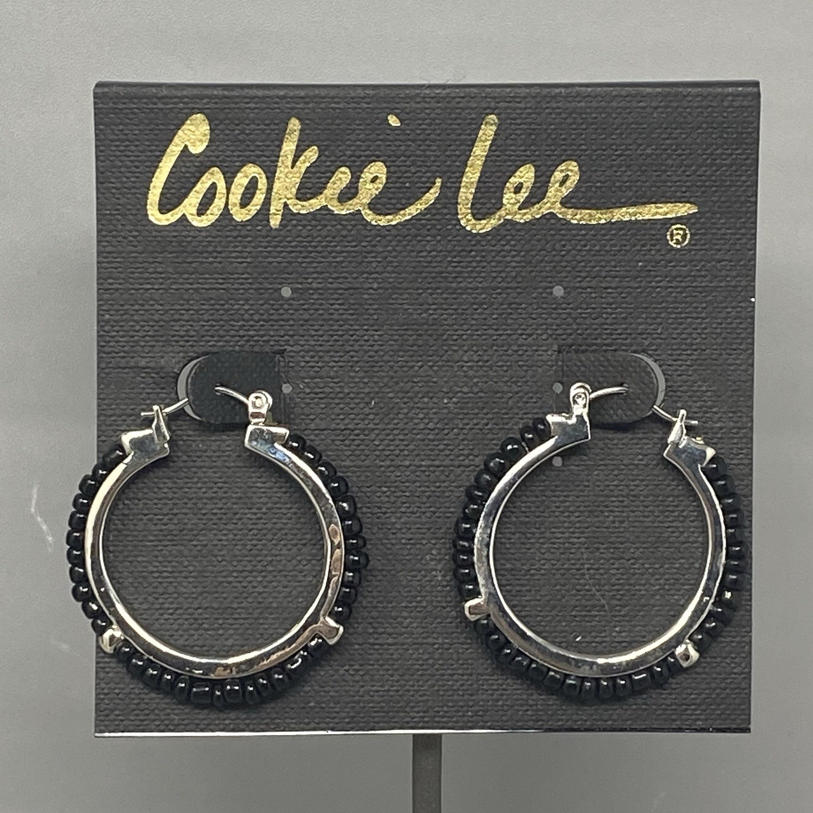 Cookie Lee Hoop Earrings Silver Tone Black Beads Dangle Drop Pierced NOS 1.5″