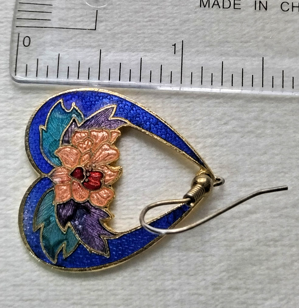 Vintage Cloisonne Blue Pierced Earrings Peach-Colored Flowers 2 Small Red Hearts