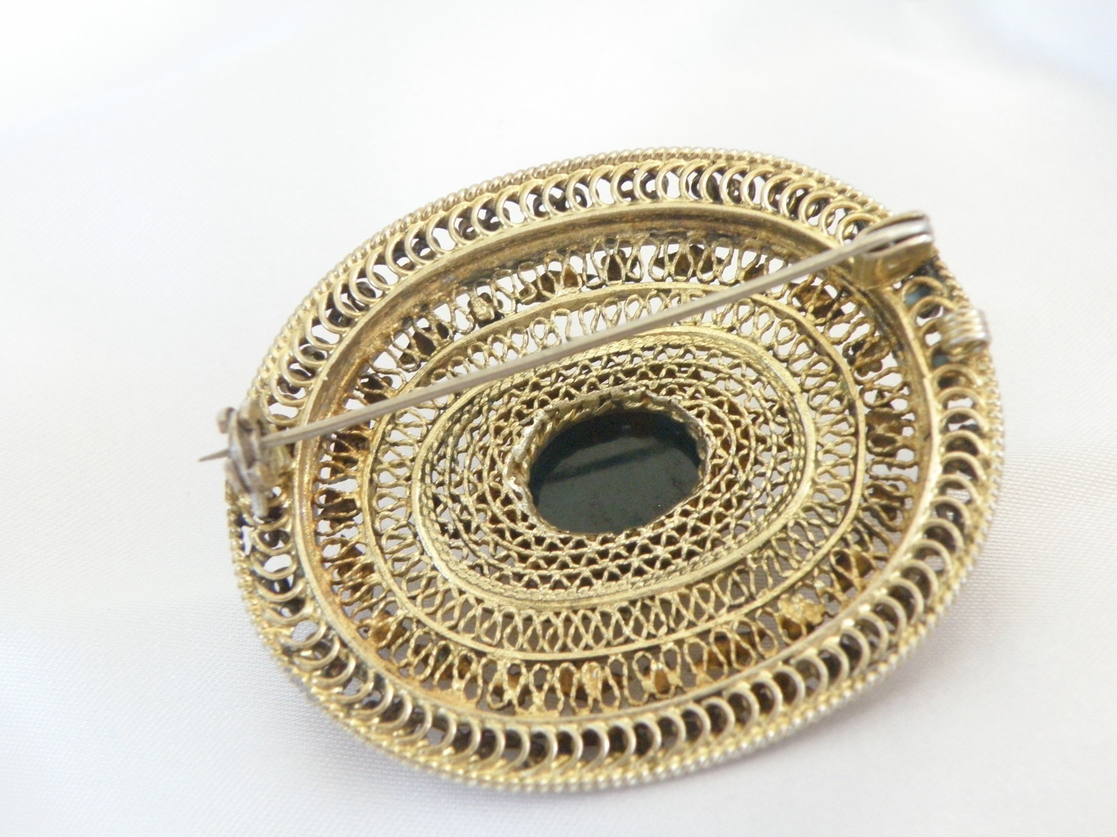 Vintage Silver Gold Plated Natura Bloodstone Large Filigree Brooch