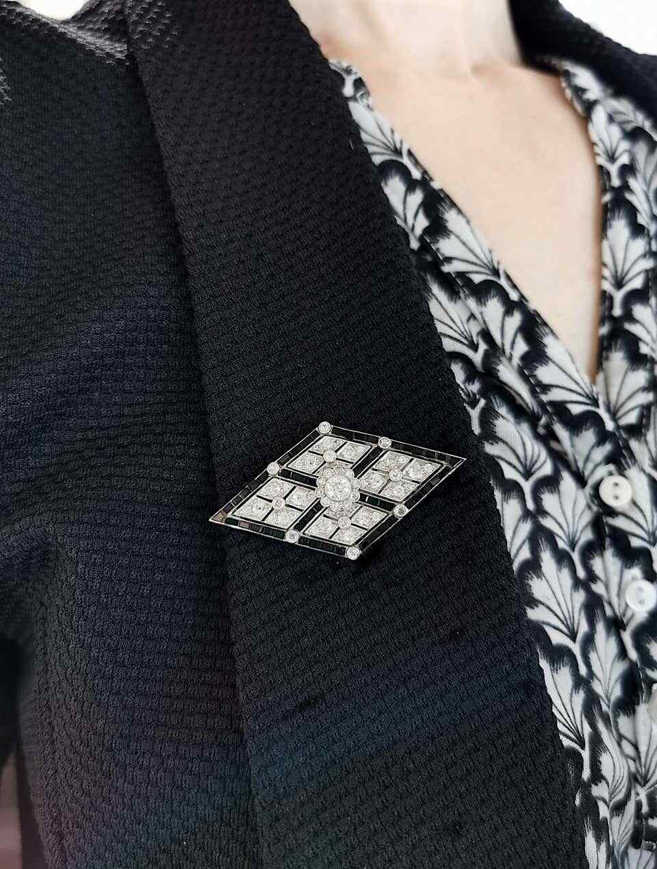 One Of A Kind Lozenge Shape Vintage Brooch With Black Shiny Onyx & Pure White CZ
