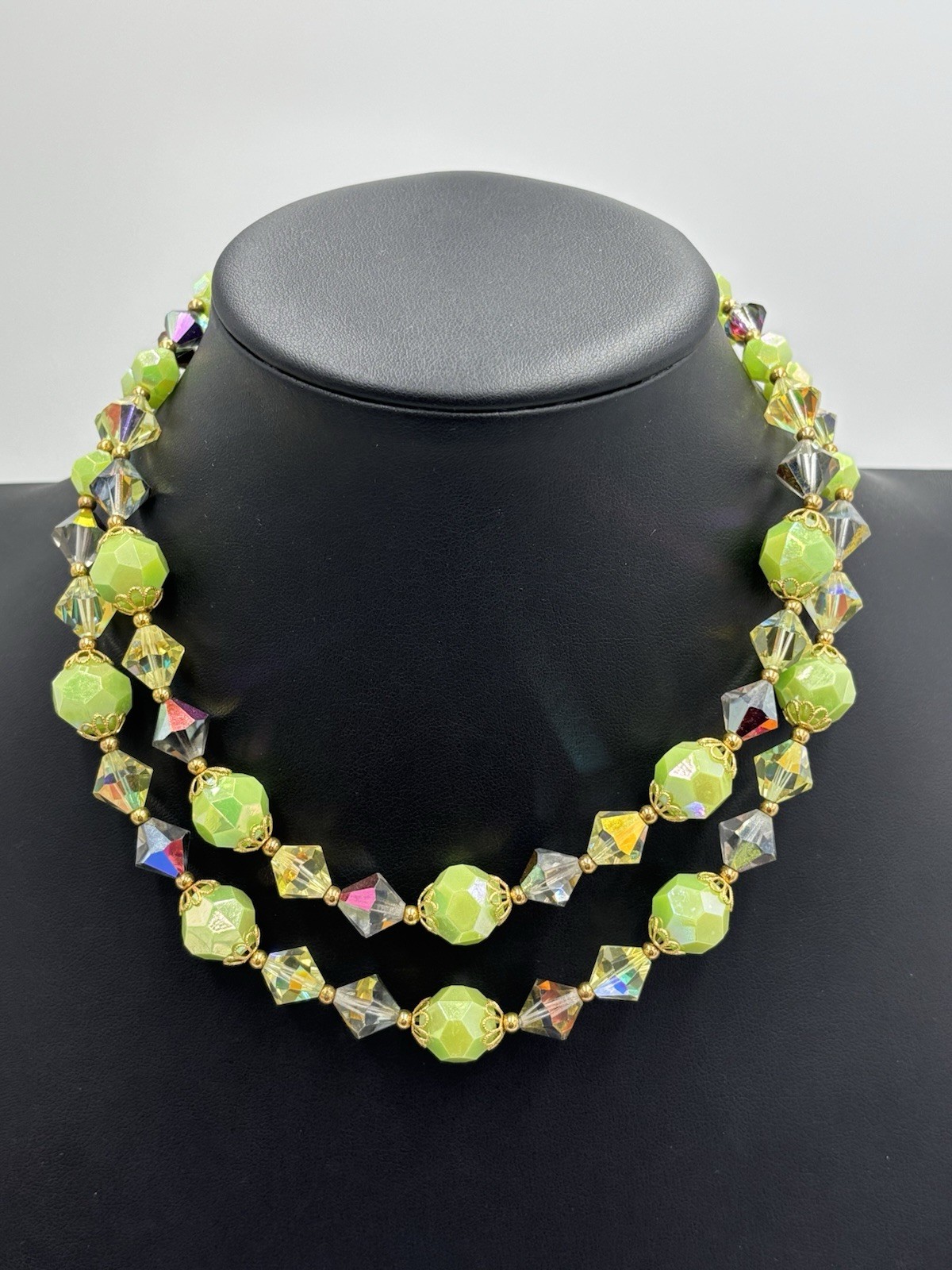 Vintage Lucite Lime Neon Green Beaded Double Strand Necklace 15″