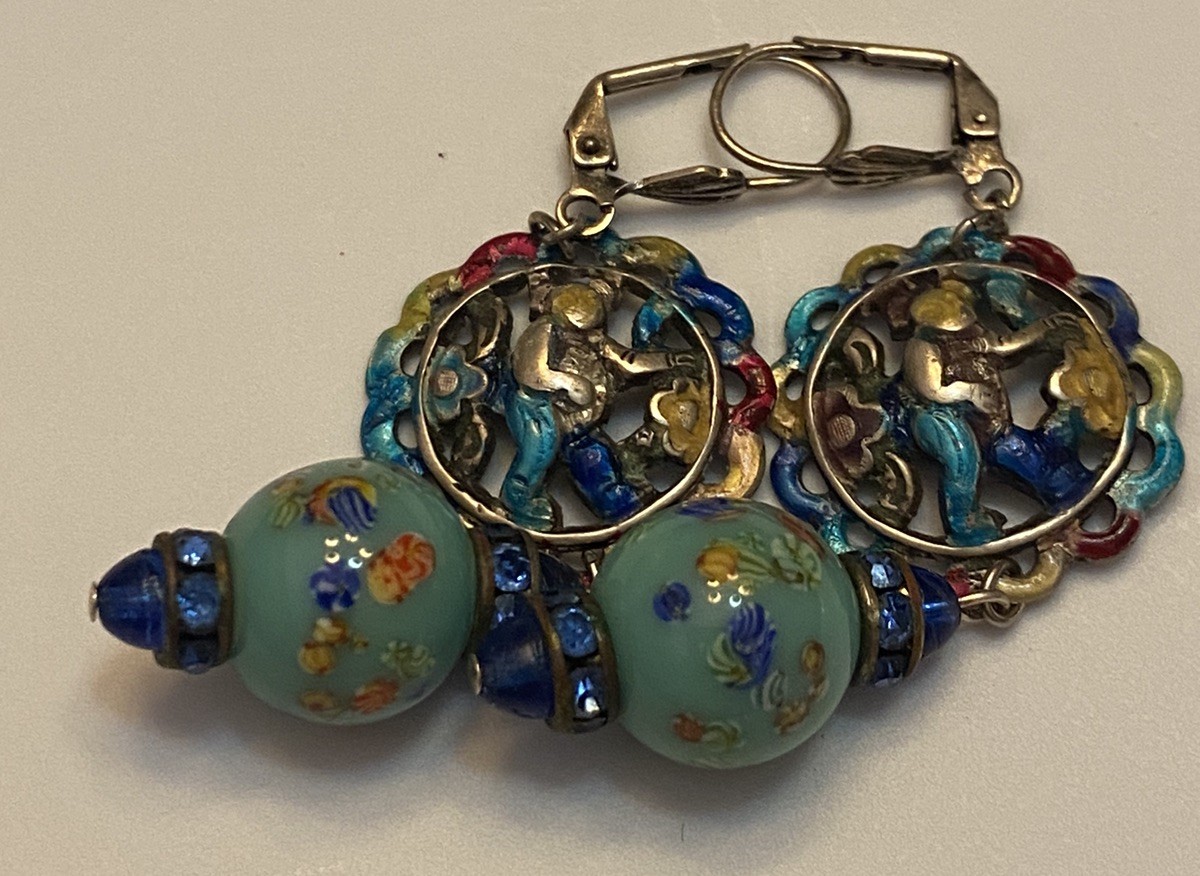 Vintage Asian Themed Colorful Ronde Bosse Enamel Art Glass Rhinestone Earrings