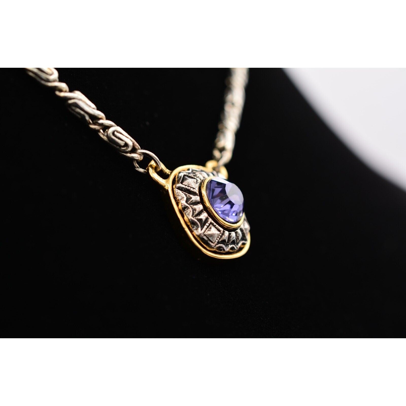 1928 Vintage Crystal Necklace Purple Rhinestone Silver Gold Signed 1990s BinAU