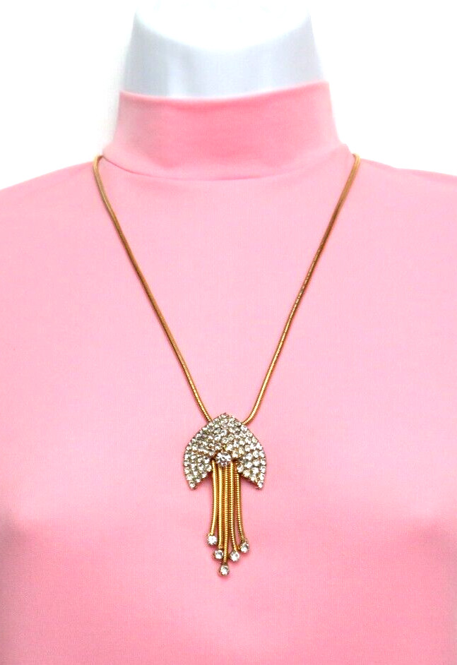 VTG 1930s – 1950s ART DECO GOLDEN CRYSTAL 5 DANGLER PENDANT NECKLACE 22 3/8″
