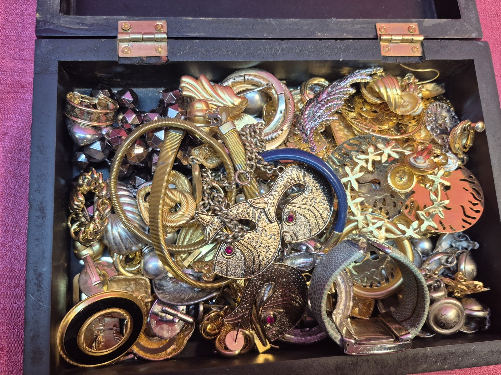 Vintage Costume Jewelry Lot w Wooden Box Mixed Singles Craft 60+ Pcs