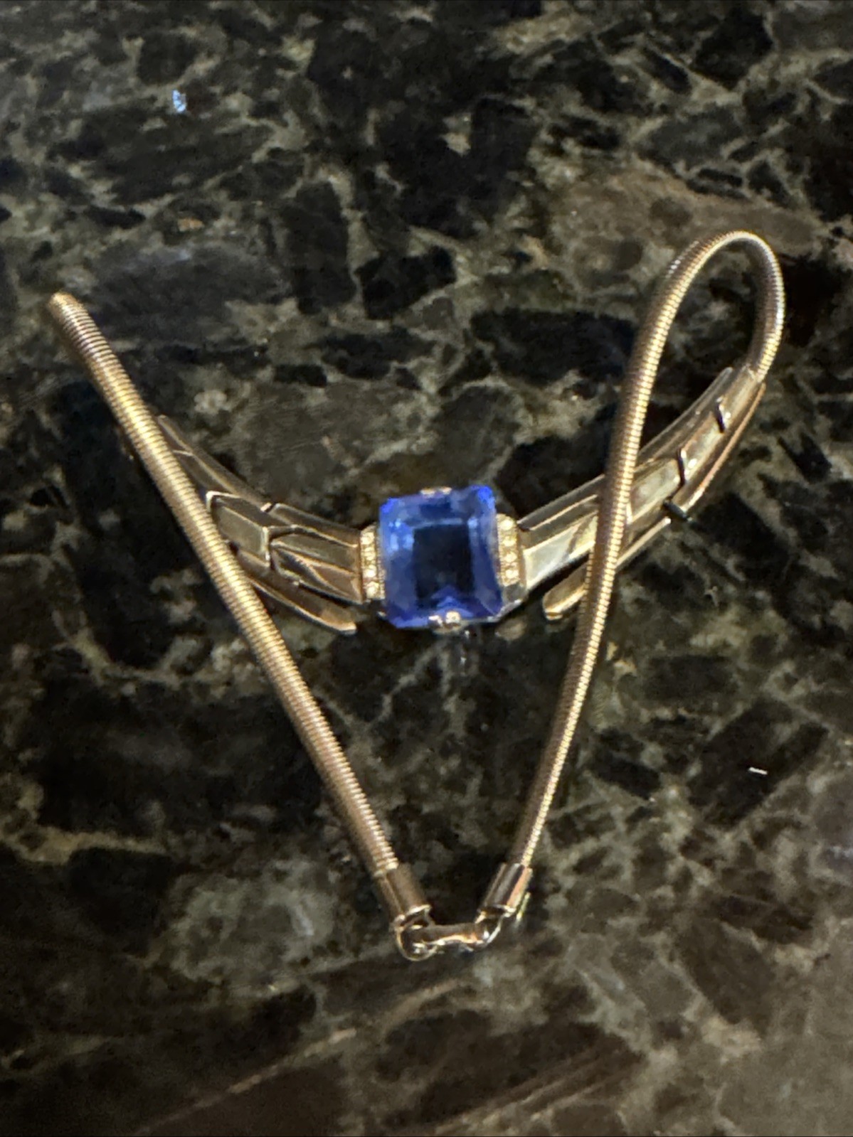 Vntg Art Deco Faceted Peking Blue Glass Open Back Choker Necklace Corocraft? EUC