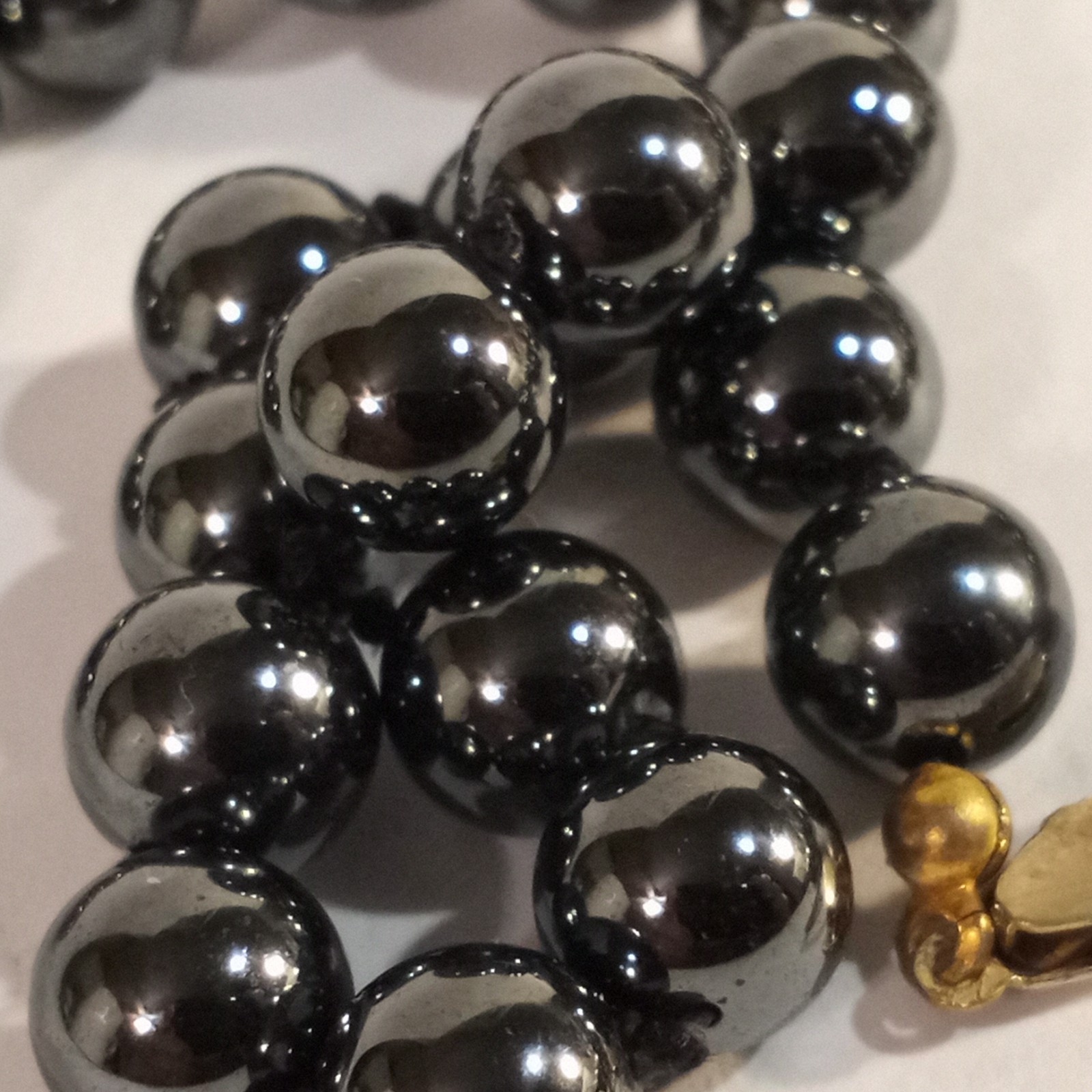 Rich Hematite Beaded Necklace Gilt Sterling Silver Clasp 22 inches Germany