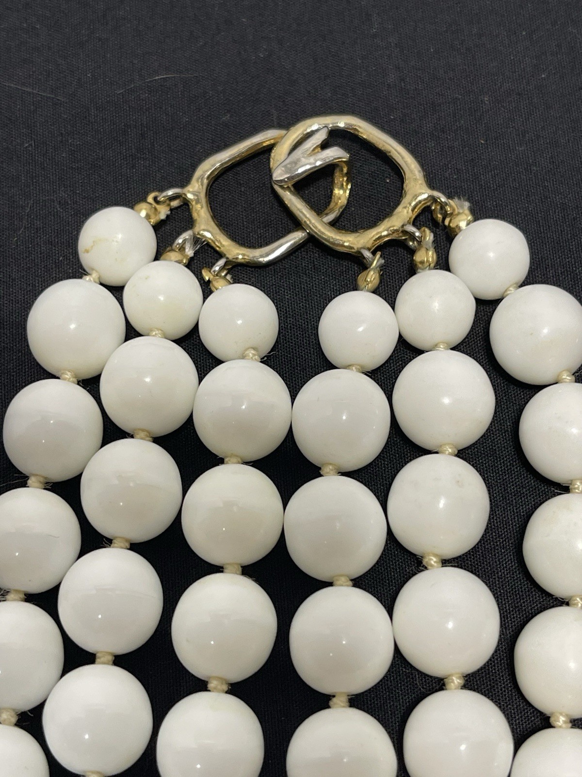 Vintage Les Bernard 3 Strand Hand Knot White Milk Glass Beaded Choker Necklace