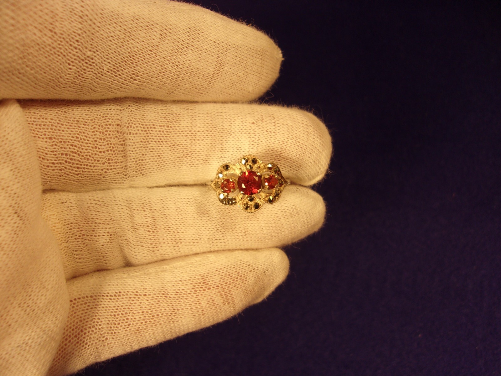 #4 of 6, SUPERB OLDER VTG LADY’S STERLING SLVER, ORANGE GARNET & MARCASITE RING