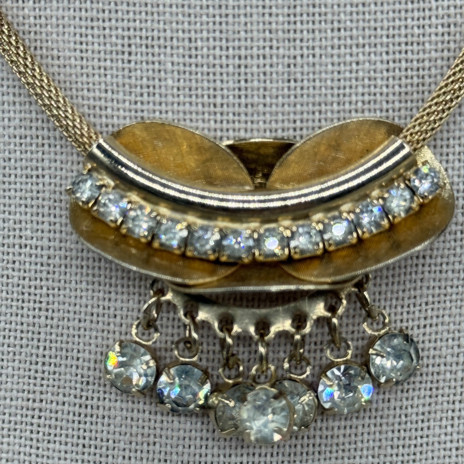 Vintage Necklace and Earring Set Gold Tone Clear Rhinestone Dangles Mesh Chain