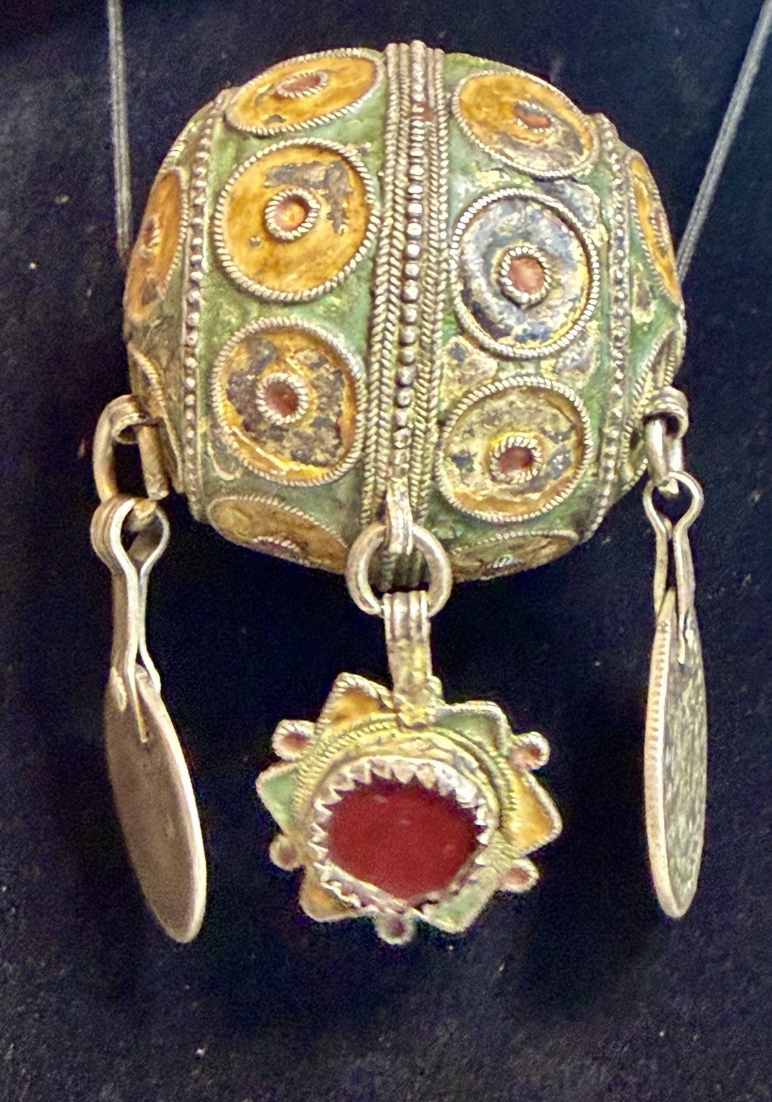 Antique Moroccan Enamel Silver Ball Pendent Necklace Coin Pendants Hand Crafted