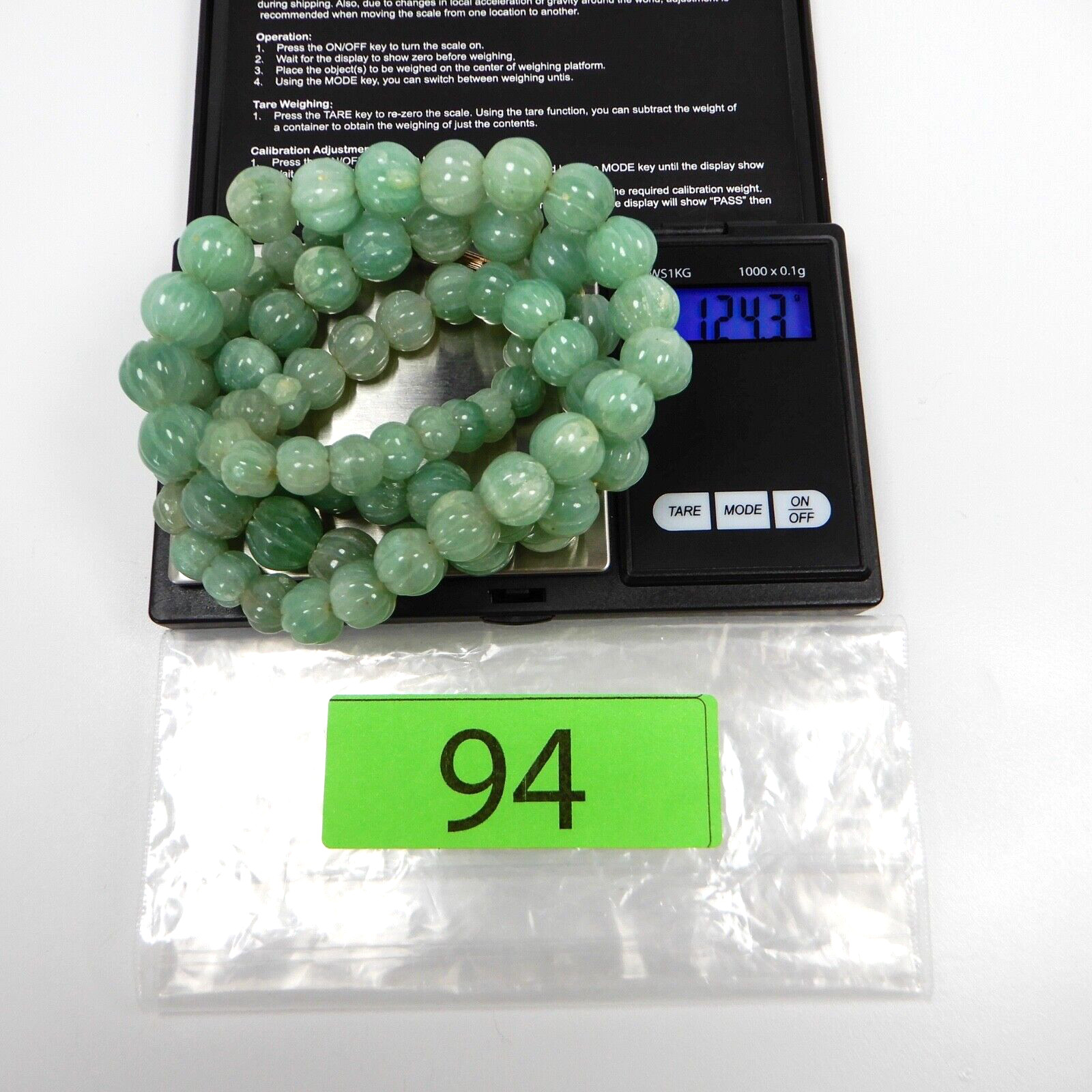 Carved Green Jade Graduated 12mm Pumpkin Bead Necklace 30” Barrel Clasp 124 gr