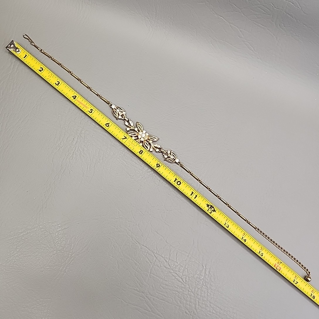 Vintage Flower Necklace Clear Rhinestones Gold Tone Bar Link Chain 17″