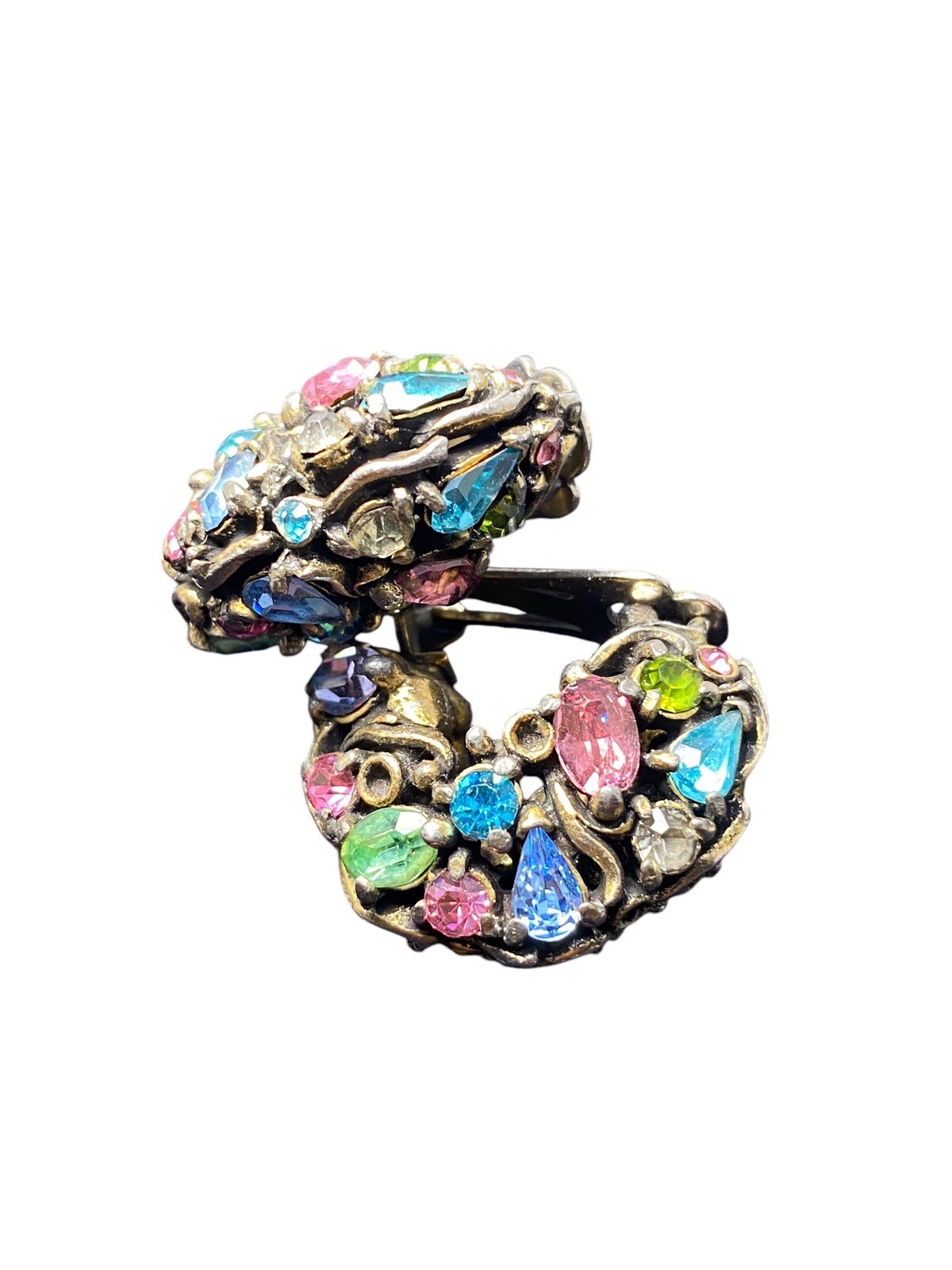 Vintage Hollycraft Multi Color Rhinestone Earrings Clip-on Silver tone Pastels
